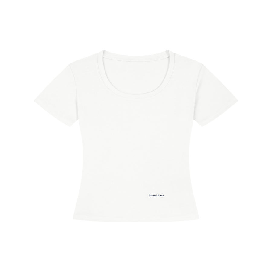 Women's Tencel Baby T-Shirt in White, front view, small Marcel Afters wordmark at the lower left front.