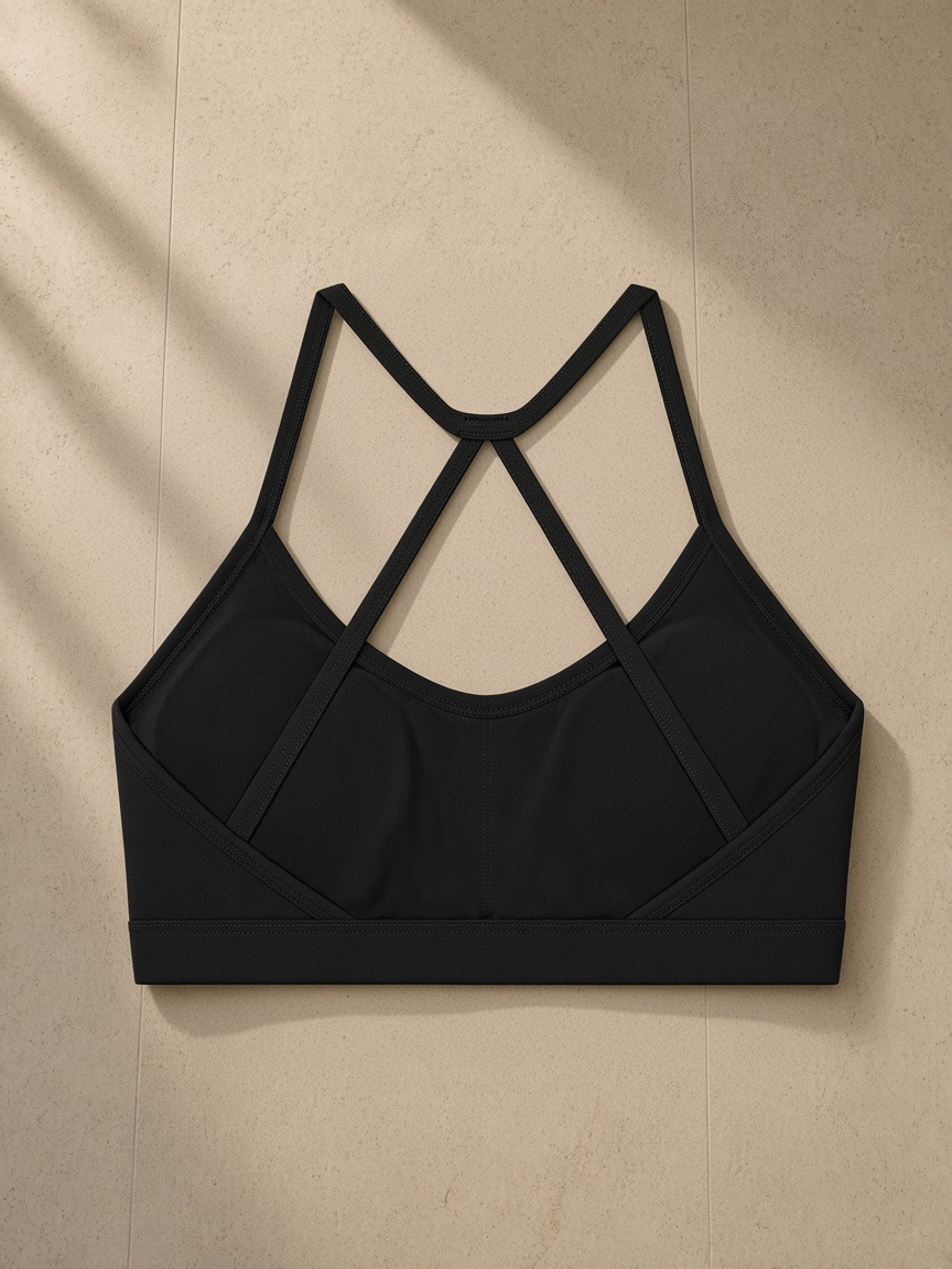 Women’s Tight Yoga Sports Bra in Black, laid flat on pale limestone, back view