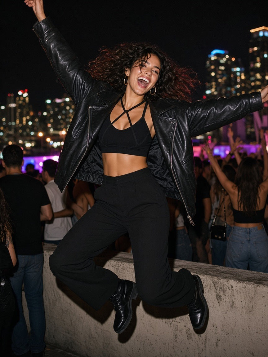 Woman in the Women's Tight Yoga Sports Bra in Black, jumping on a Miami rooftop wall at 1am