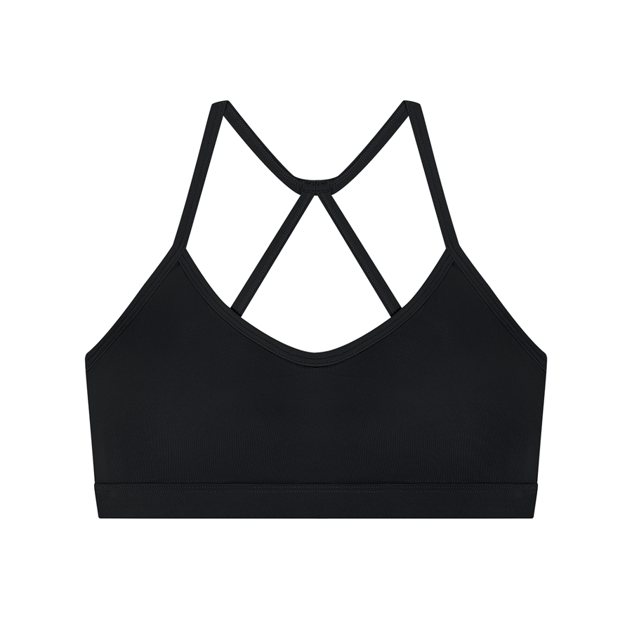 Women’s Tight Yoga Sports Bra in Black, front view, plain front; small Marcel Afters wordmark along the back underband.
