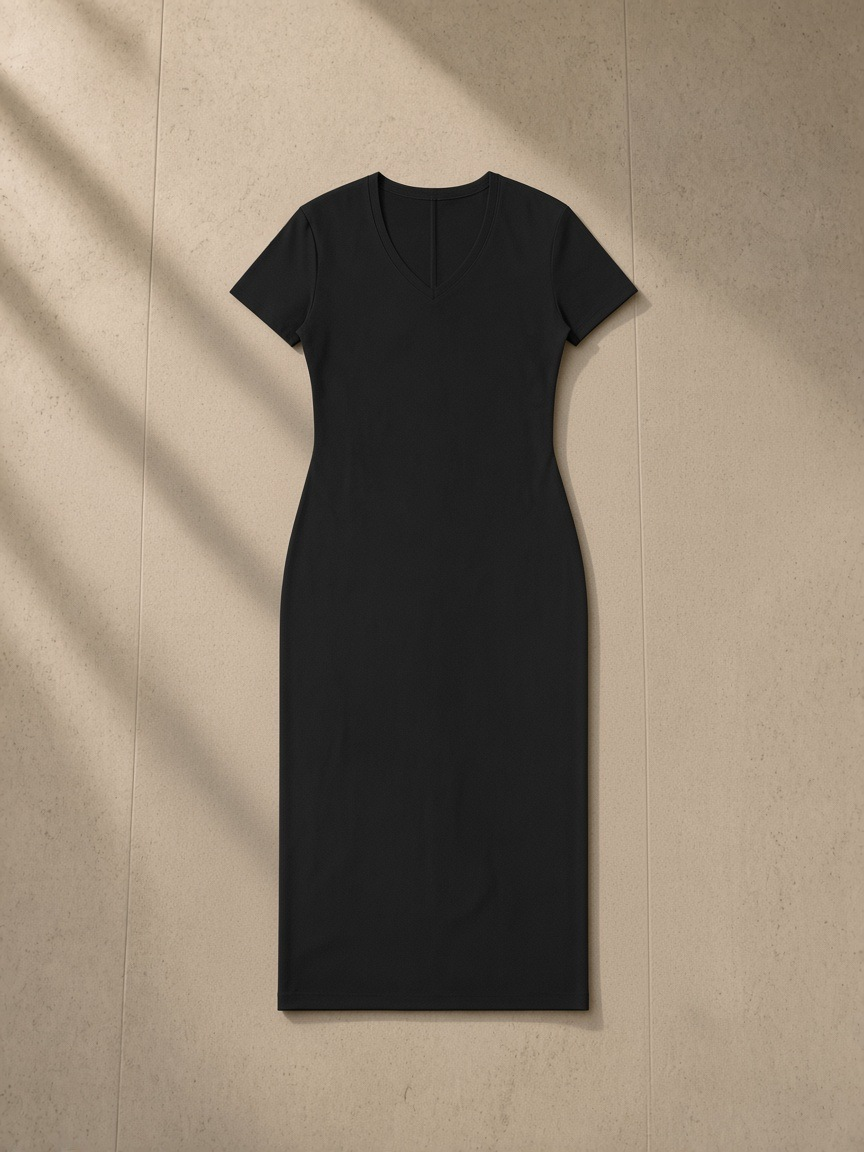 Women's V-Neck Short Sleeve Maxi Dress in Black, laid flat on pale limestone