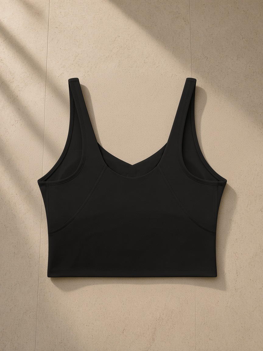 Women's V-Neck Yoga Sports Bra in Black, laid flat on pale limestone, back view