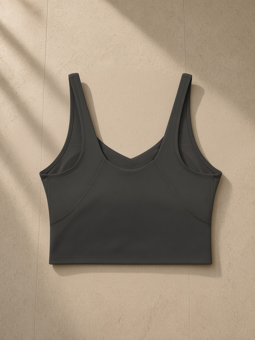 Women's V-Neck Yoga Sports Bra in Charcoal Gray, laid flat on pale limestone, back view