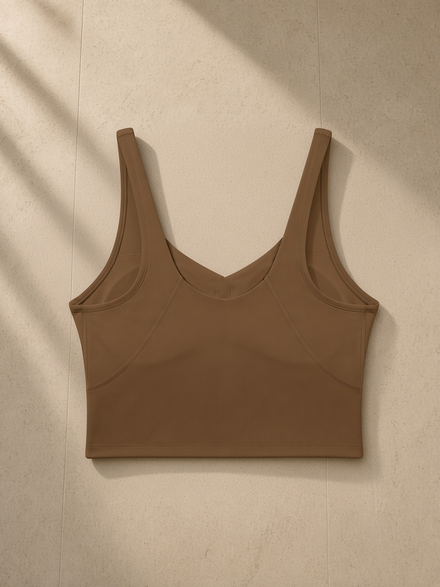 Women's V-Neck Yoga Sports Bra in Coffee, laid flat on pale limestone, back view