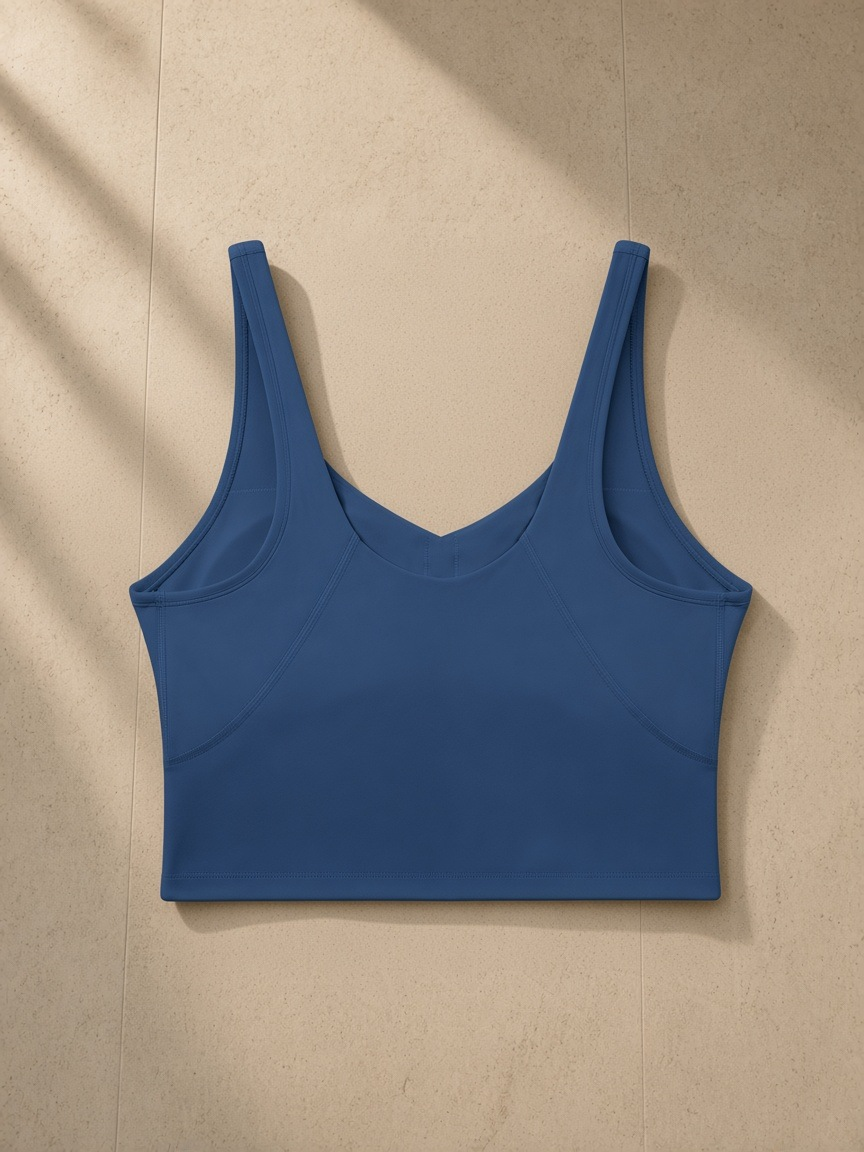 Women's V-Neck Yoga Sports Bra in Navy Blue, laid flat on pale limestone, back view