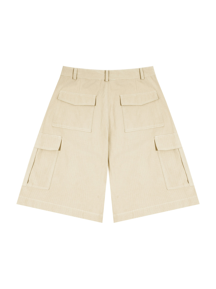 Marcel Afters Woven Cargo Shorts in Beige, laid flat