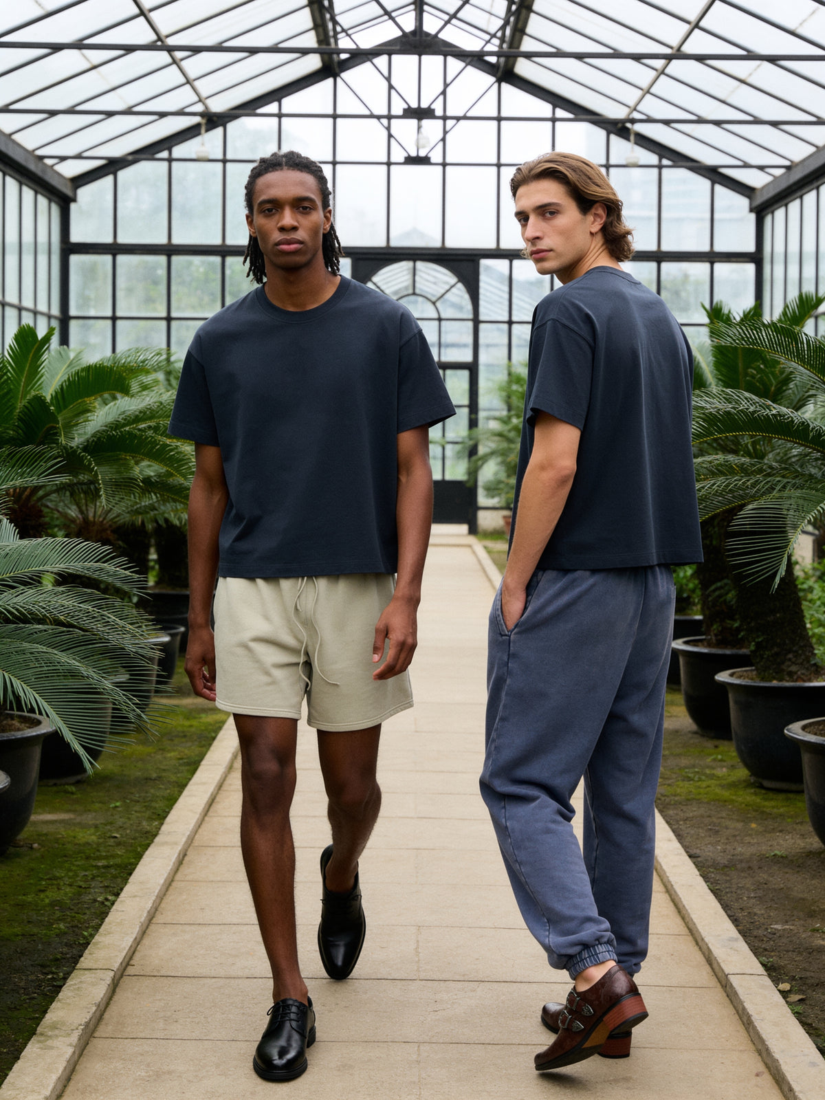 The Card Room Monk worn on model in an iron-framed glasshouse, Jakarta