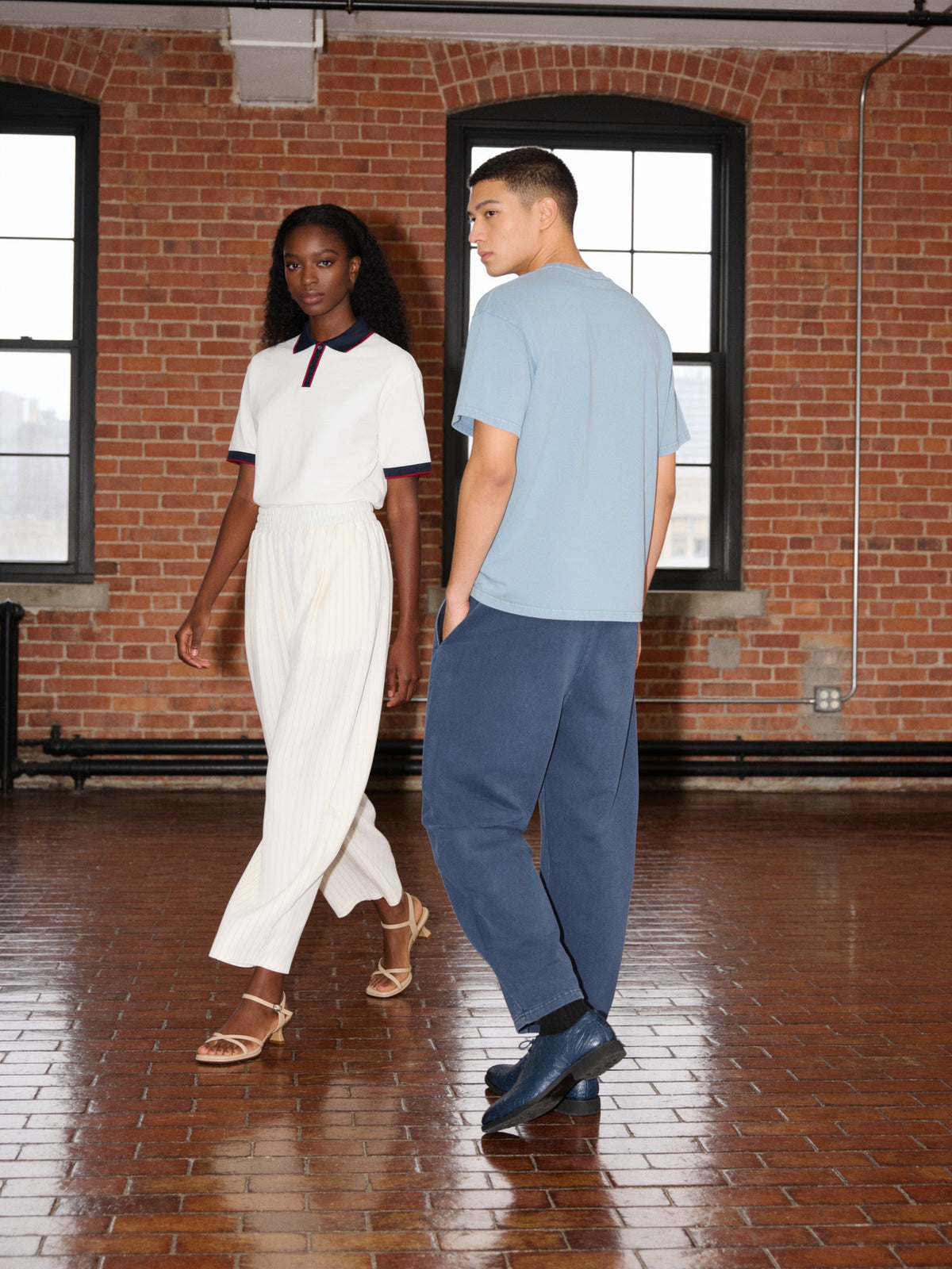The Blue Hour Oxford worn on model in a brick loft, New York