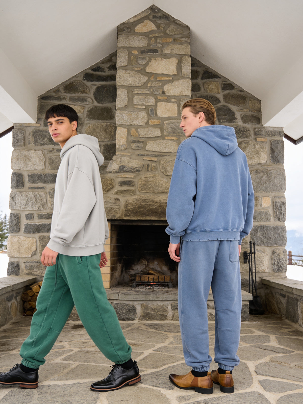 The Concierge Derby worn on model in a stone refuge beneath a high ceiling, Zakopane