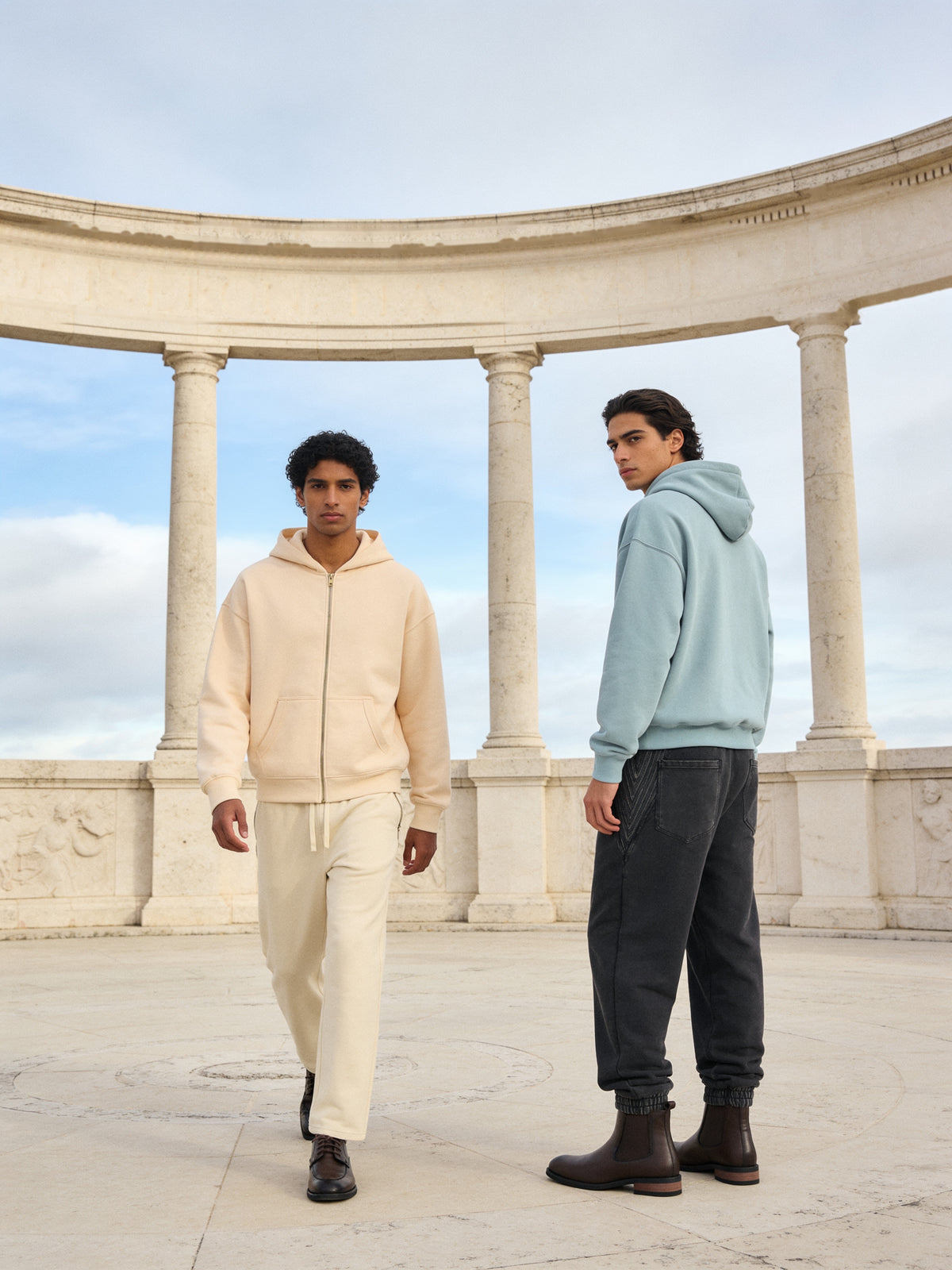 The Wine List Derby worn on model beneath a stone colonnade