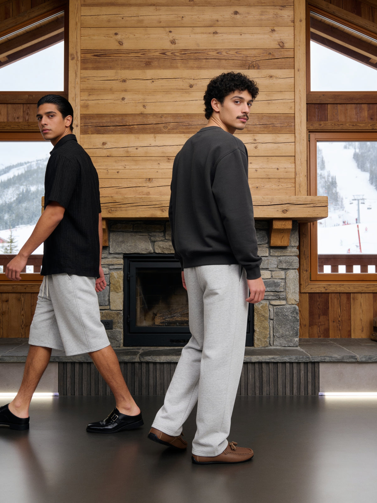 The Coast Road Loafer worn on model in a pine-panelled chalet with a stone fireplace