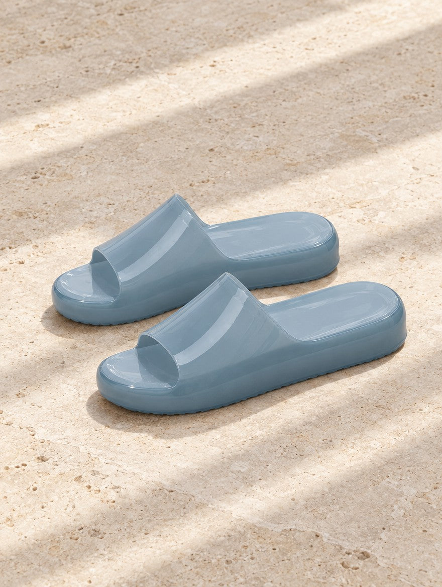 The Rain Check Jelly Slide — Blue Grey — flat lay
