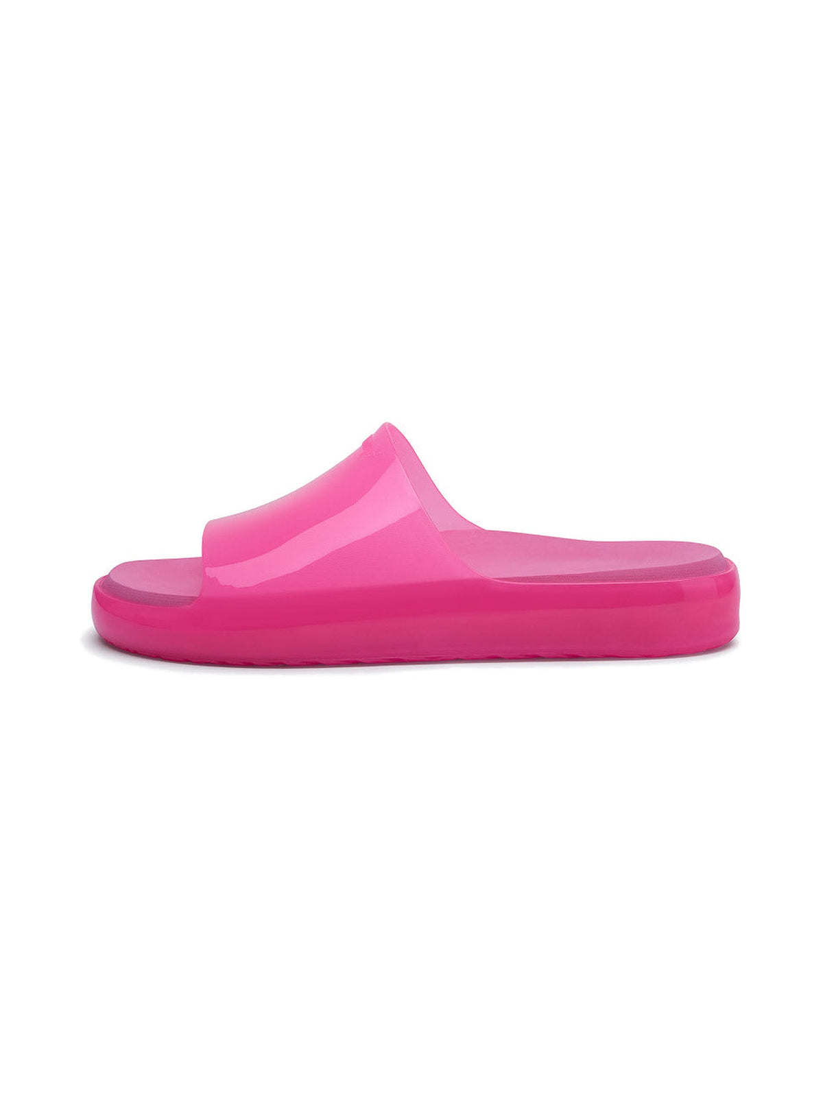 The Rain Check Jelly Slide in Hot Pink, on a white studio background