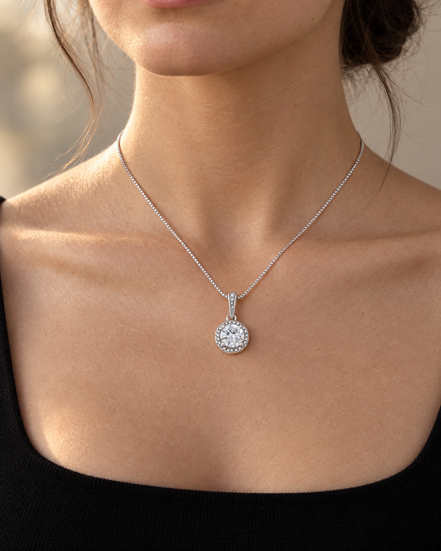 Round Crystal Halo Pendant Necklace — on neck