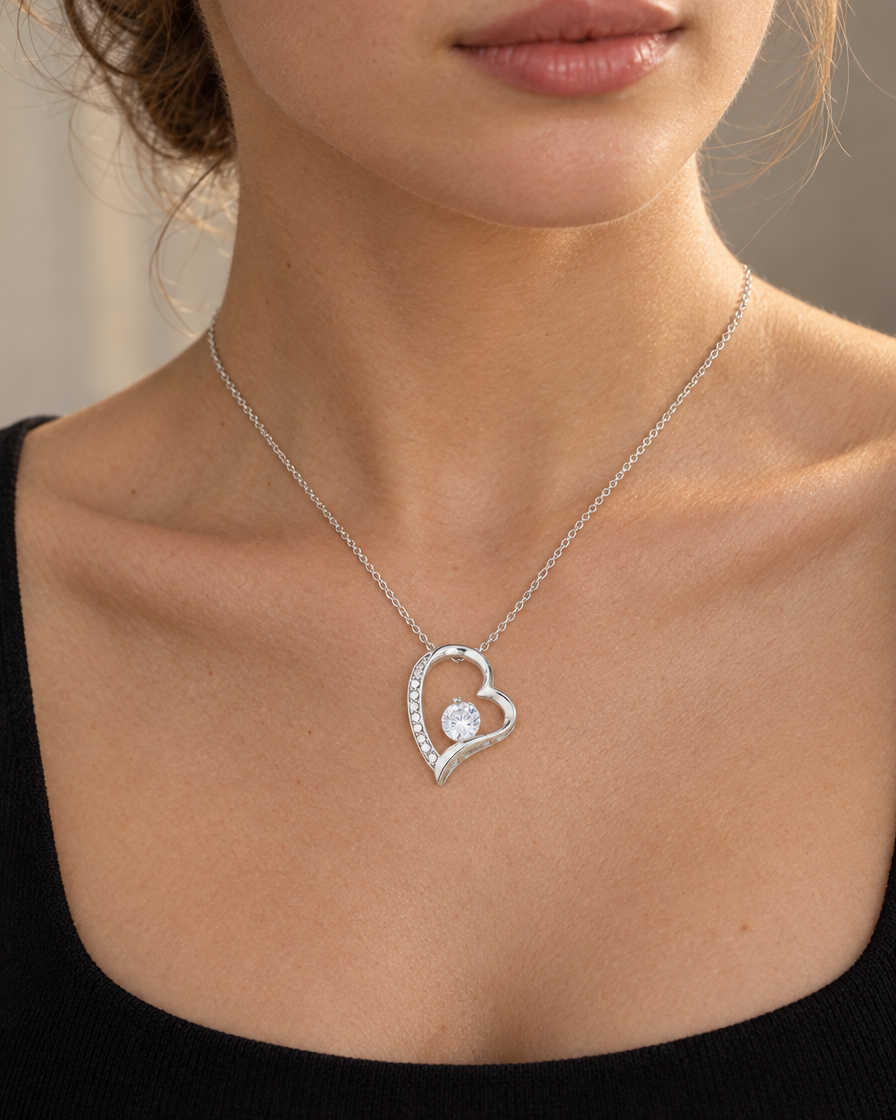 Crystal Heart Pendant Necklace — on neck