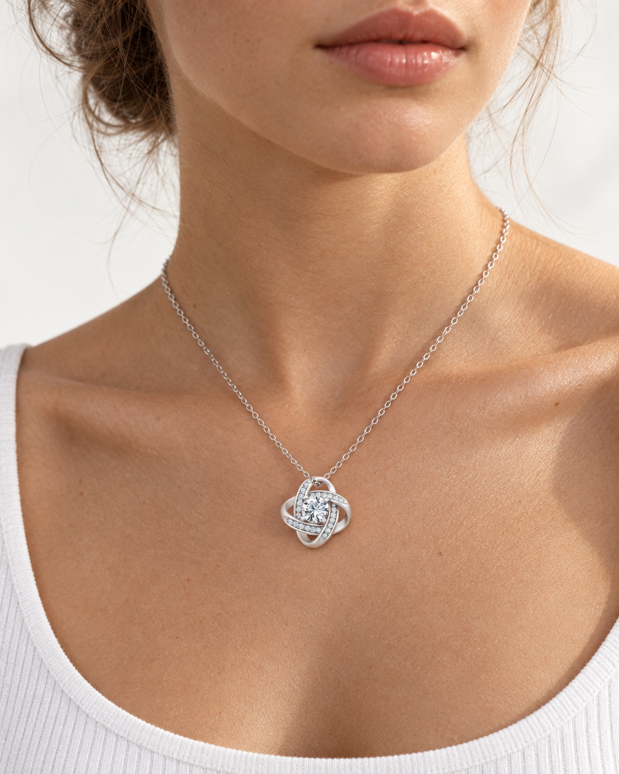 Love Knot Pendant Necklace — on neck