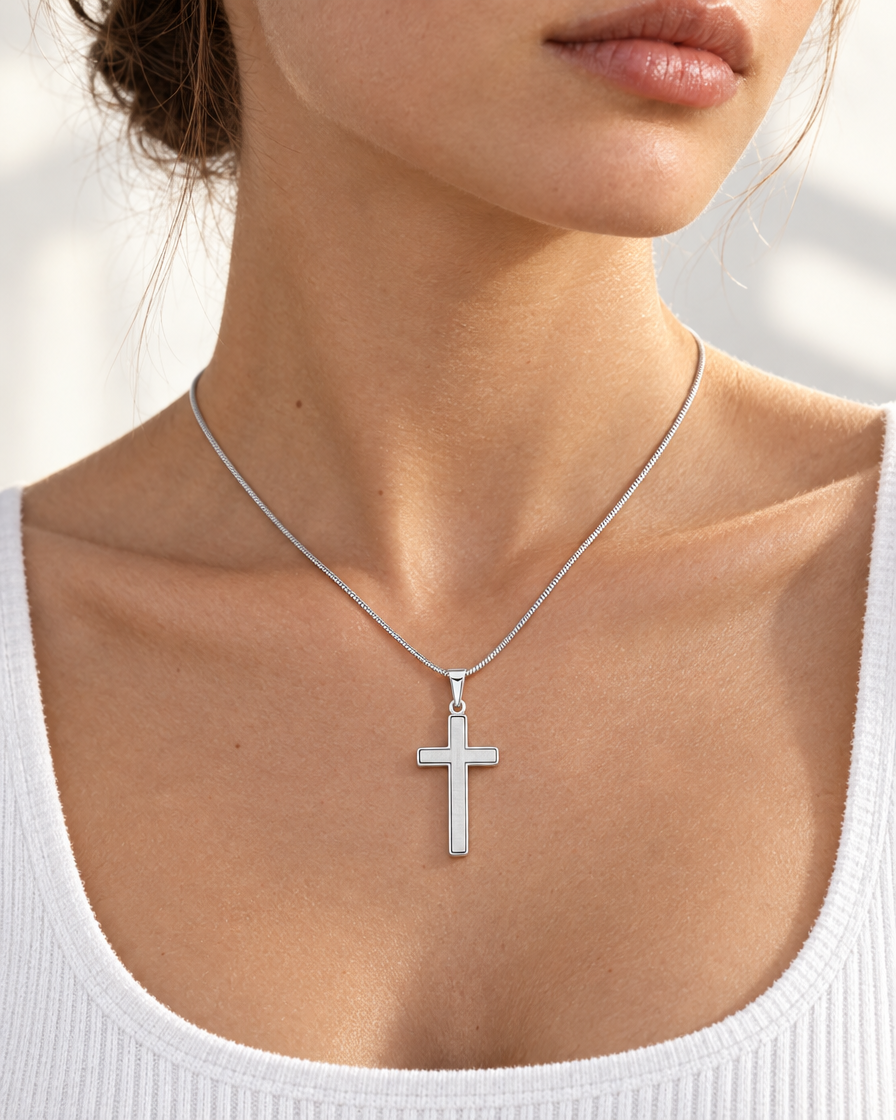 Polished Cross Pendant Necklace — on neck