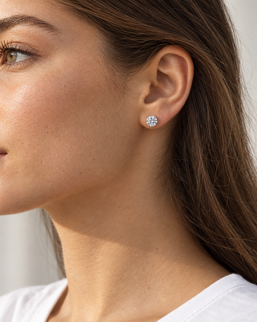 Round Crystal Stud Earrings — on ear