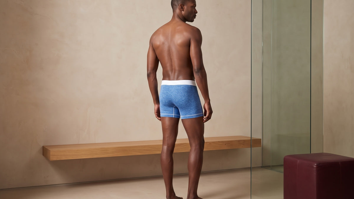 True Notions Boxer Brief - Azure / White, worn by the model (rq view)