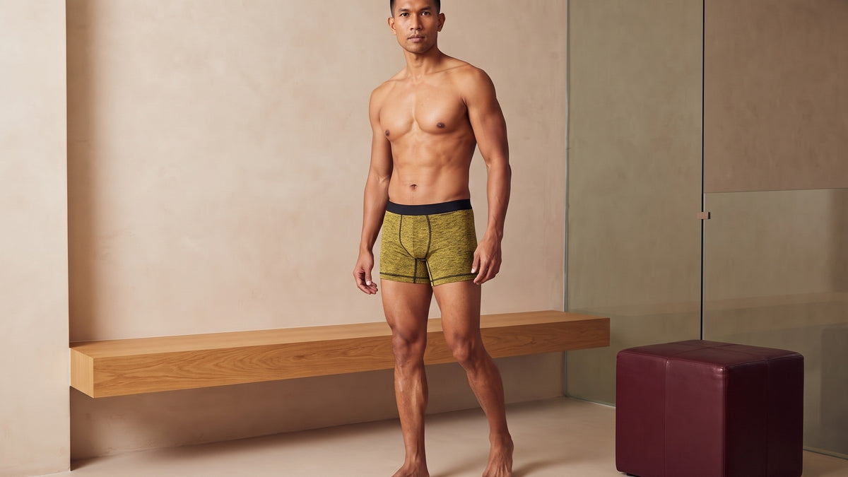 True Notions Boxer Brief - Canary / Black, worn by the model (fq view)
