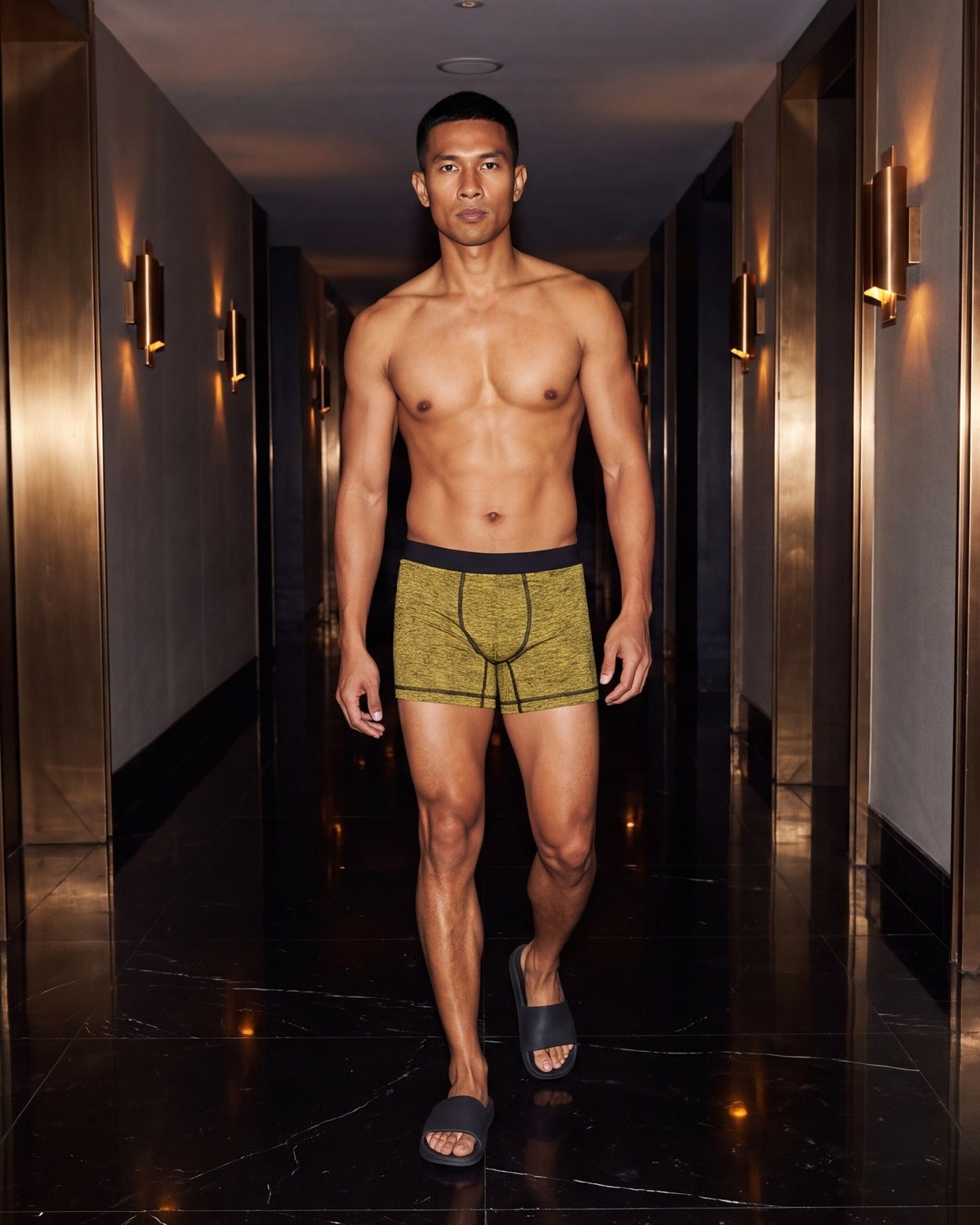 True Notions Boxer Brief - Canary / Black, worn by the model, full length