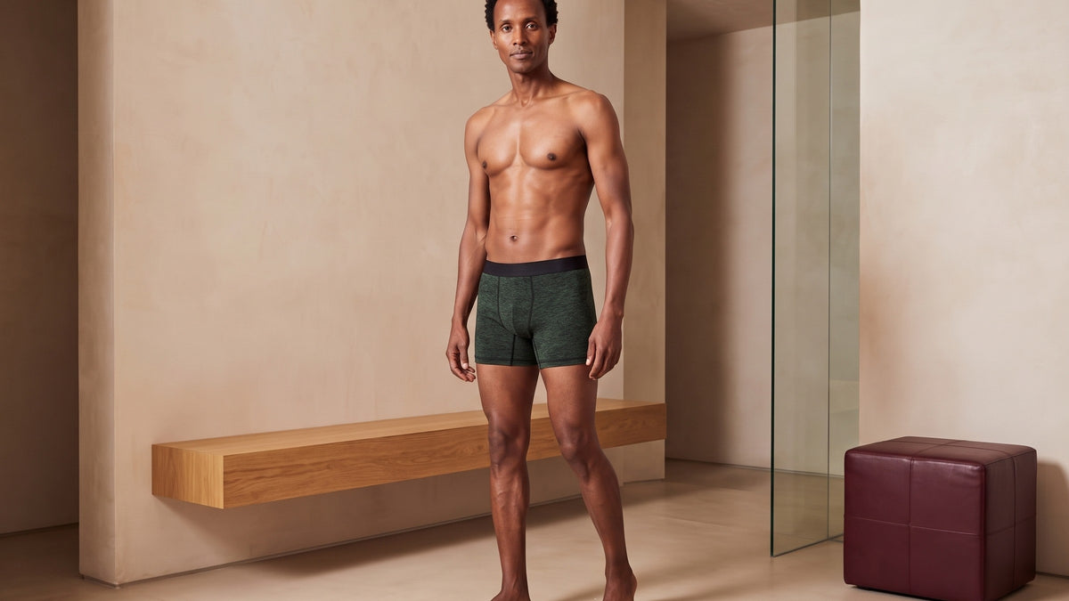 True Notions Boxer Brief - Olive / Black, worn by the model (fq view)