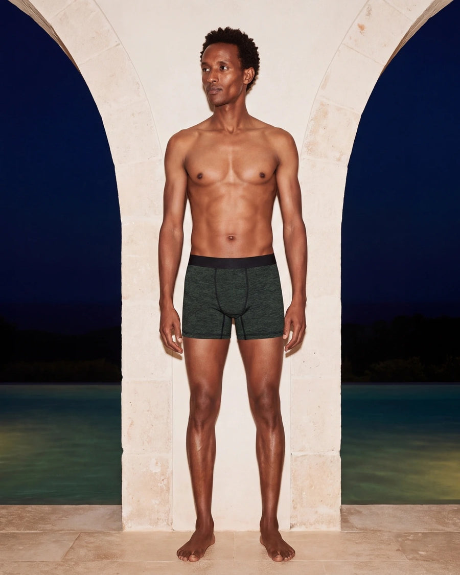 True Notions Boxer Brief - Olive / Black, worn by the model, full length