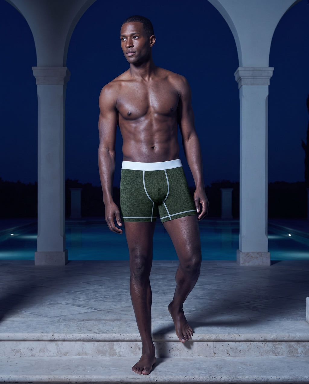 True Notions Boxer Brief - Olive / White, worn by the model (dt view)