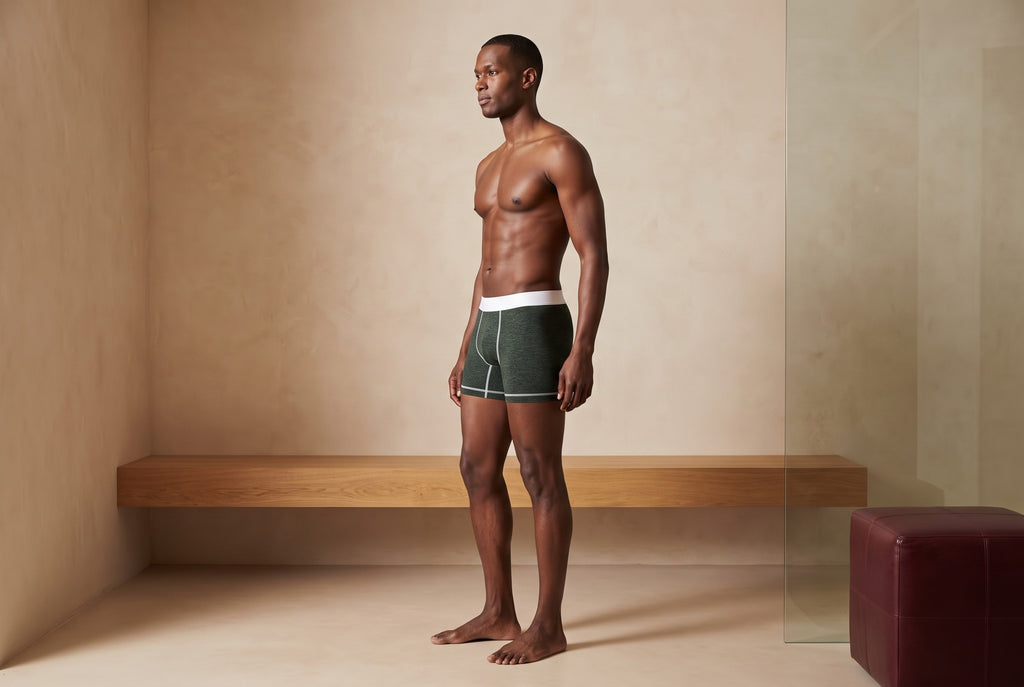 True Notions Boxer Brief - Olive / White, worn by the model (sq view)
