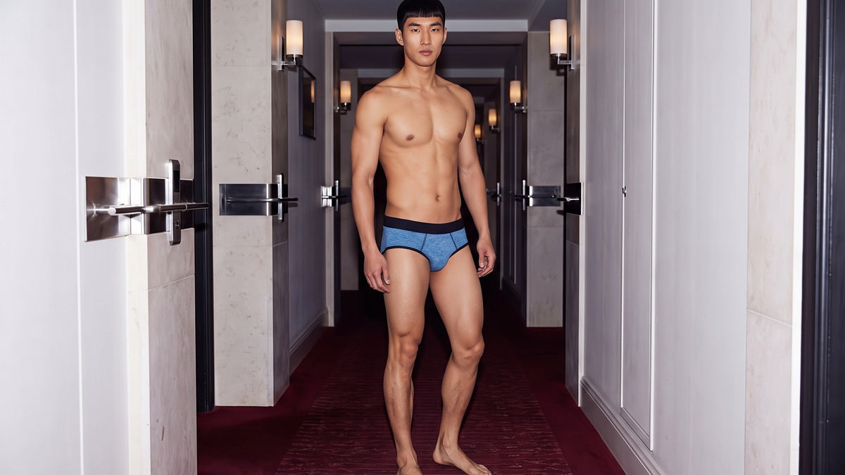 True Notions Brief - Azure / Black, worn by the model (fq view)