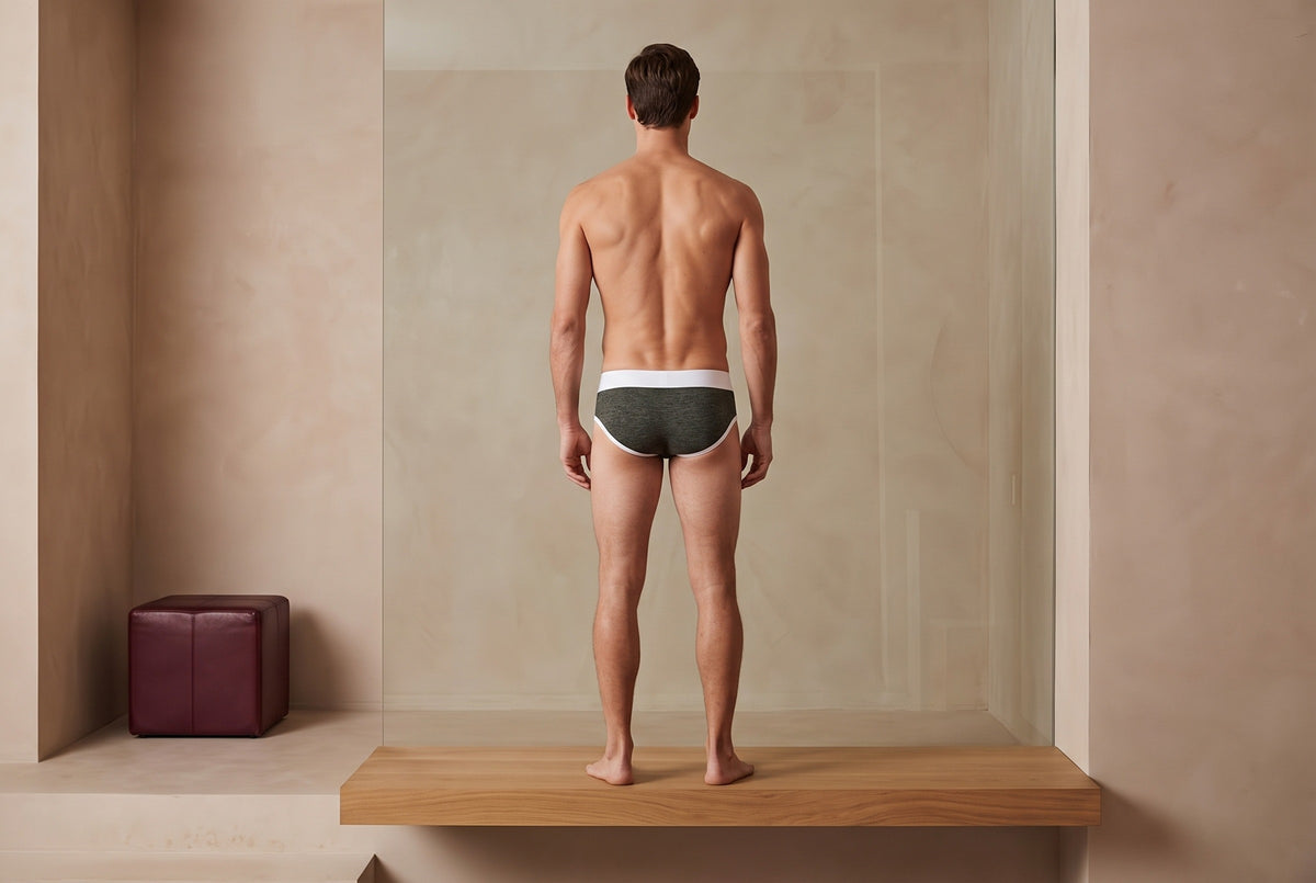 True Notions Brief - Olive / White, worn by the model (rear view)