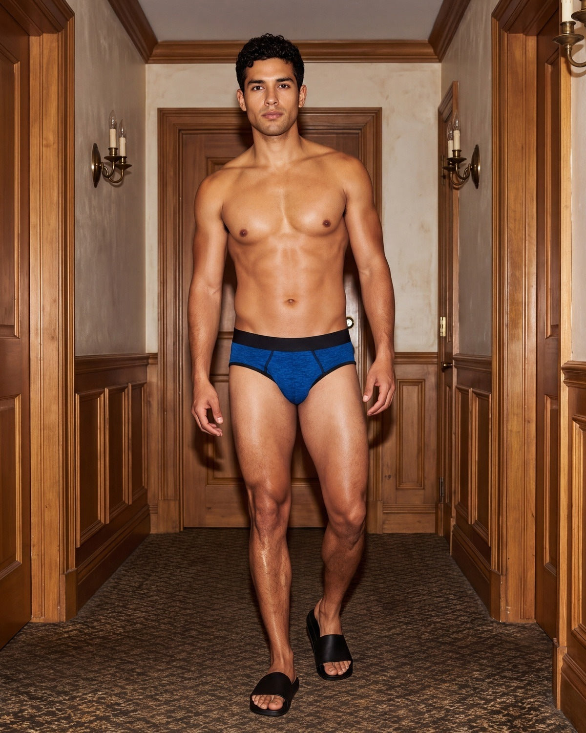 True Notions Brief - Sapphire / Black, worn by the model, full length