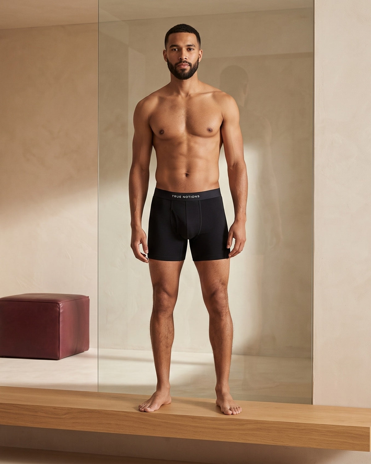 True Notions Tartan Boxer Brief - Black, worn by the model, full length