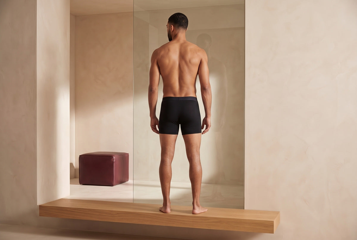 True Notions Tartan Boxer Brief - Black, worn by the model (rear view)
