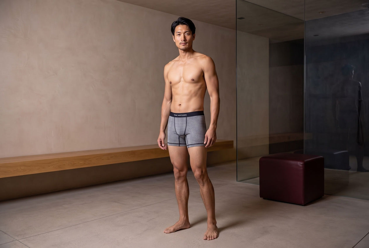 True Notions Tartan Boxer Brief - Grey, worn by the model (fq view)