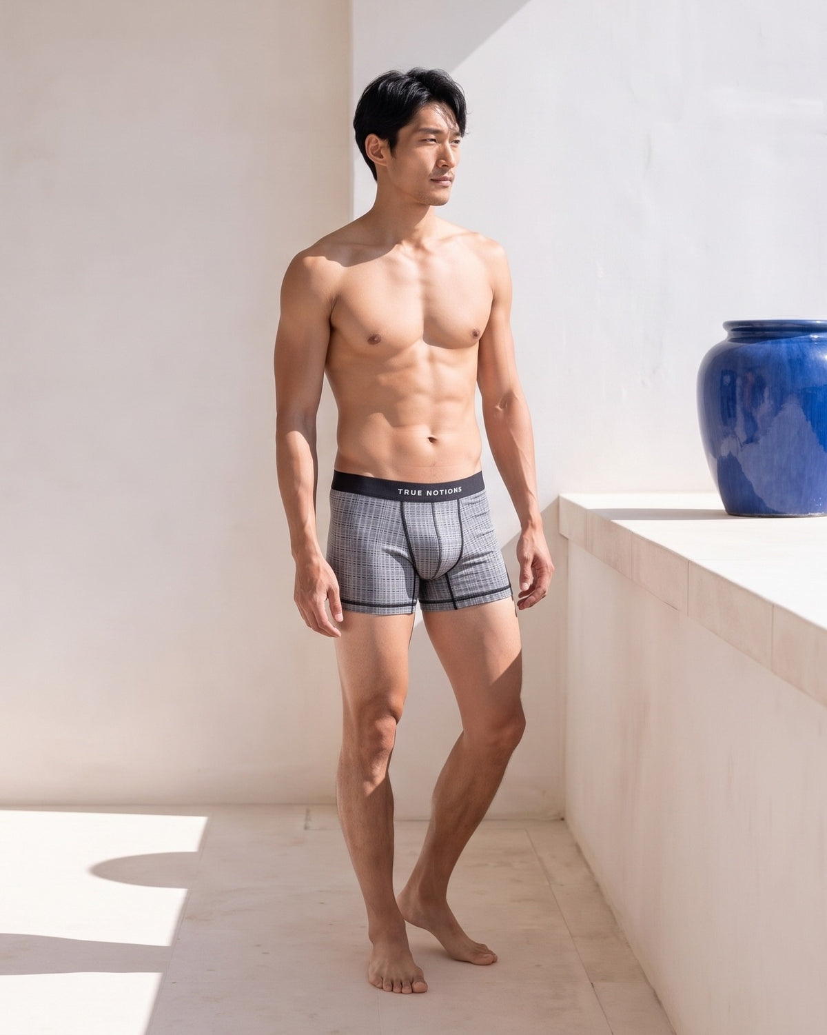 True Notions Tartan Boxer Brief - Grey, worn by the model, full length