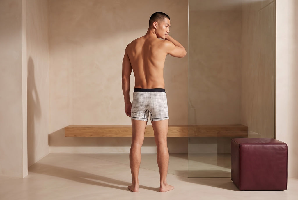 True Notions Tartan Boxer Brief - Ivory, worn by the model (ed view)