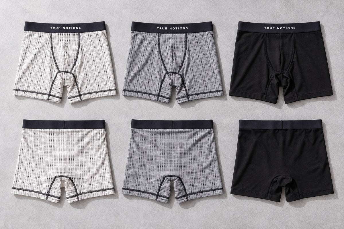 True Notions Tartan Boxer Briefs 3-Pack - Tri-Color, ivory, grey and black, front and back laid flat