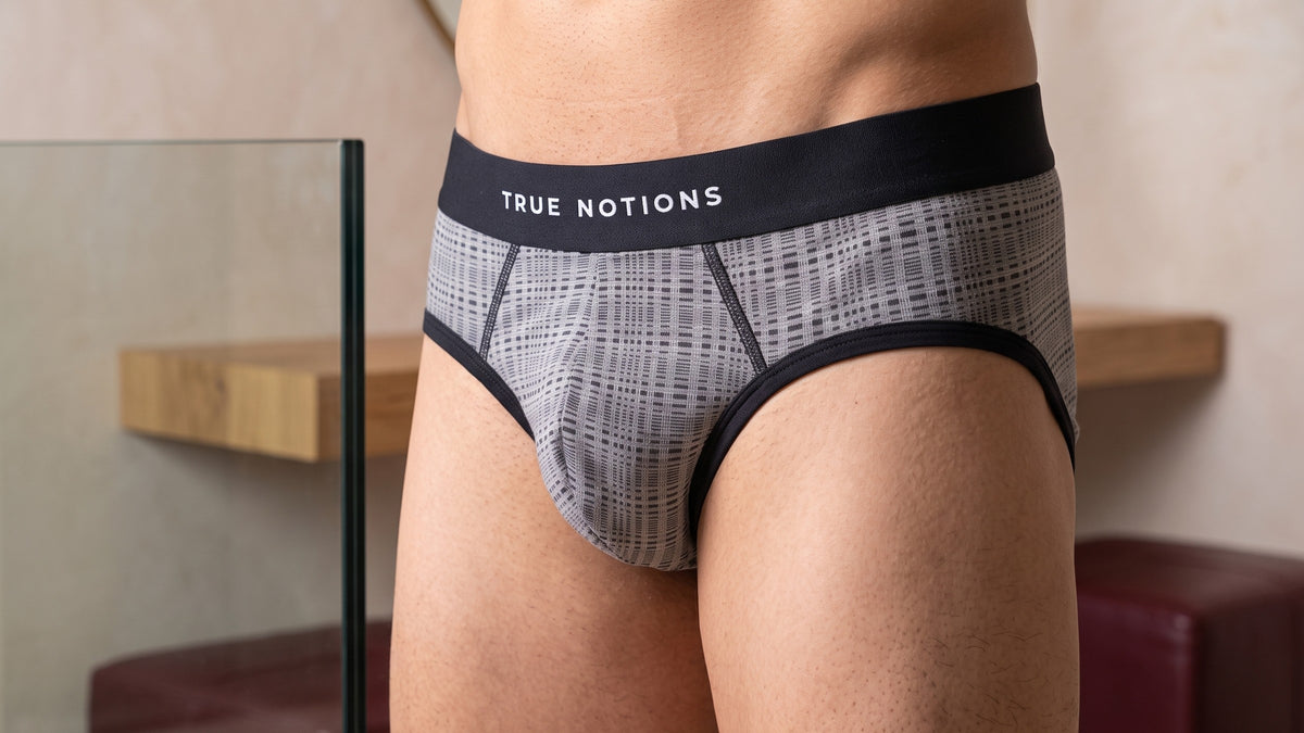 True Notions Tartan Brief - Grey, worn by the model (dt view)