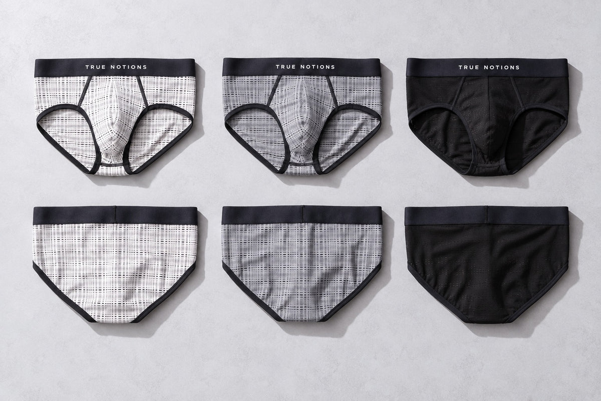 True Notions Tartan Briefs 3-Pack - Tri-Color, ivory, grey and black, front and back laid flat