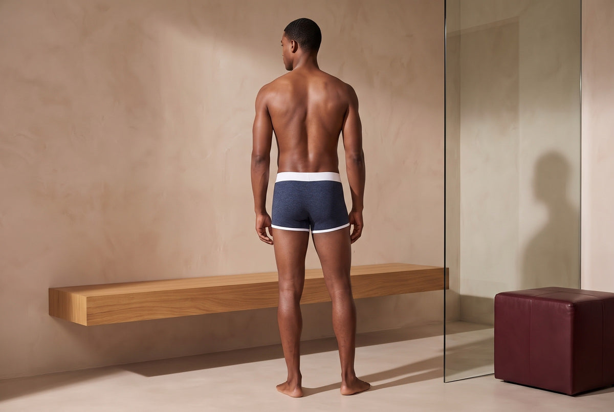 True Notions Trunk - Navy / White, worn by the model (rear view)