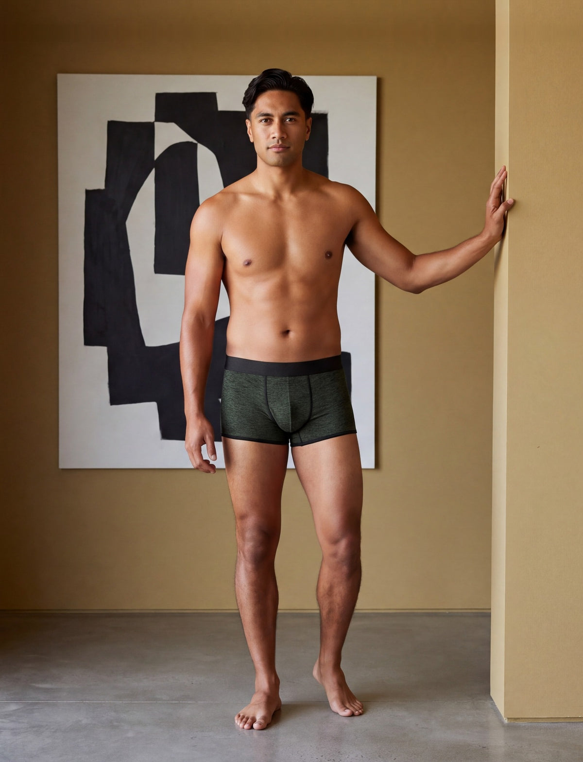 True Notions Trunk - Olive / Black, worn by the model, full length