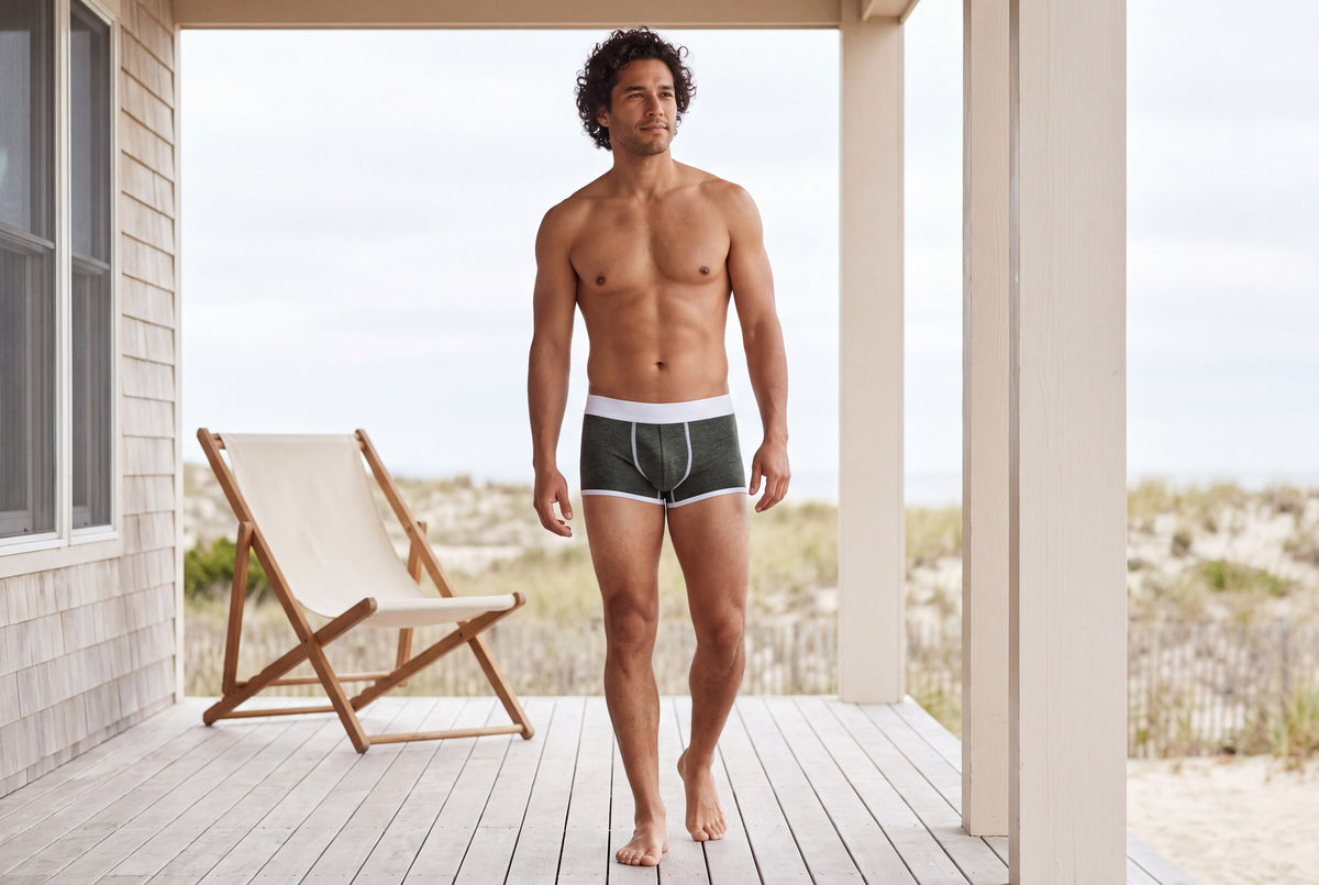 True Notions Trunk - Olive / White, worn by the model (front view)