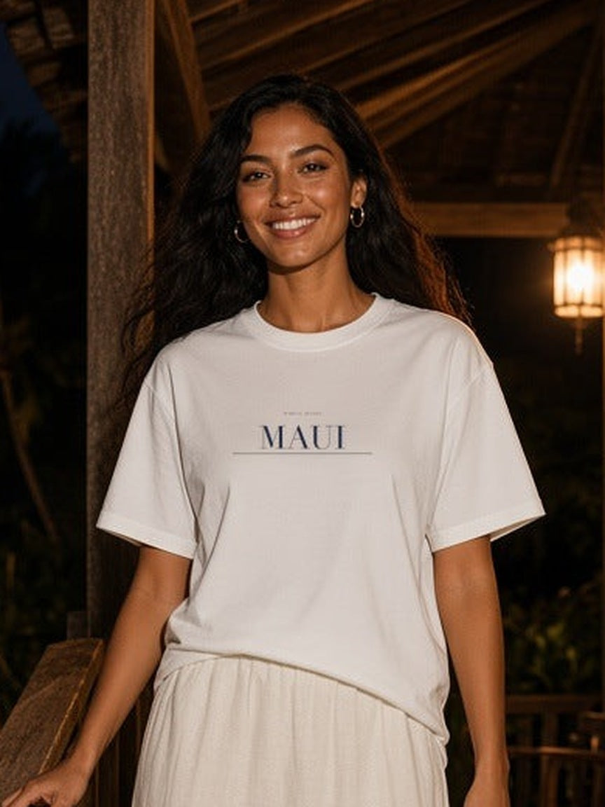 Maui print close-up on the White tee