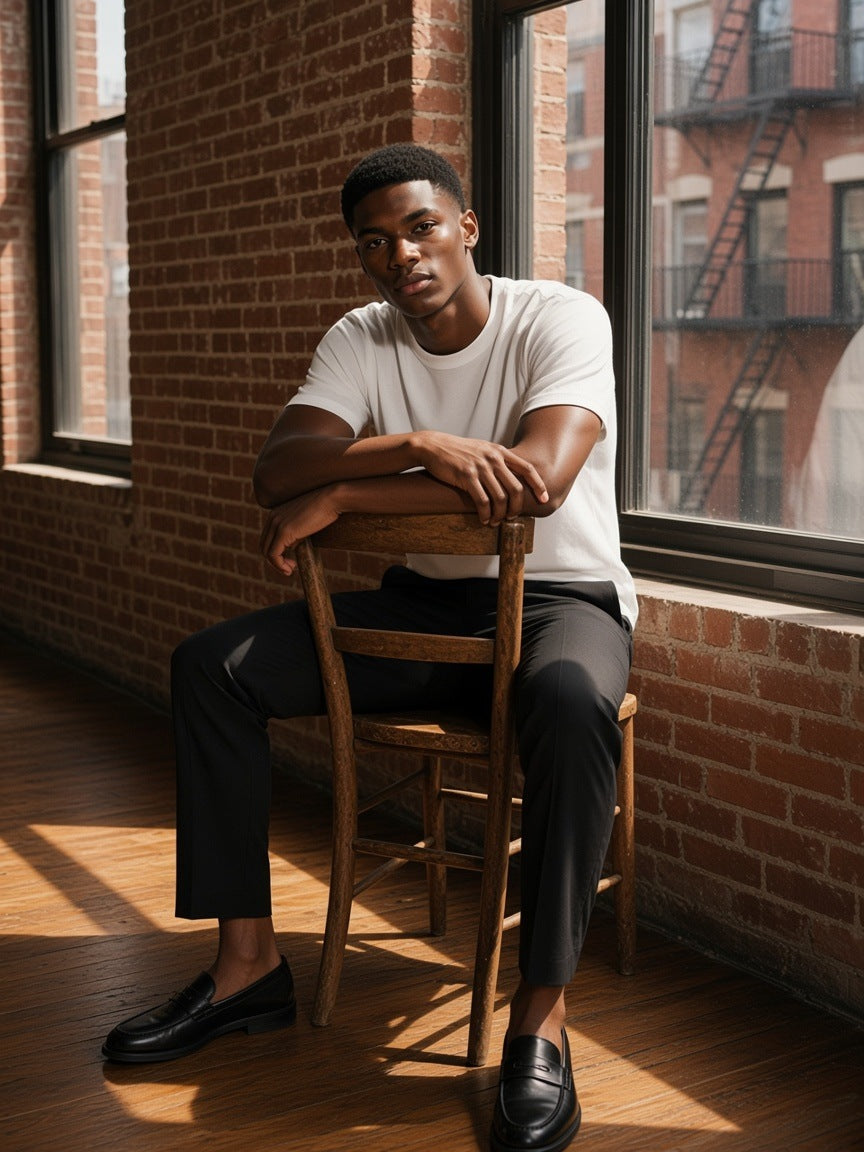 Man in the Essential Heavyweight Cotton T-Shirt in White leaning by a loft window in Tribeca, New York in the morning
