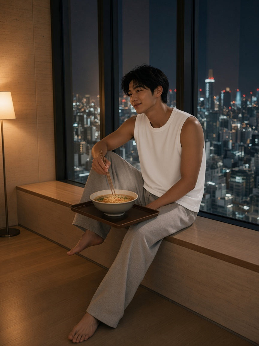 Man in the Men's French Terry Boxy Tank Top in White with grey linen trousers, eating rame