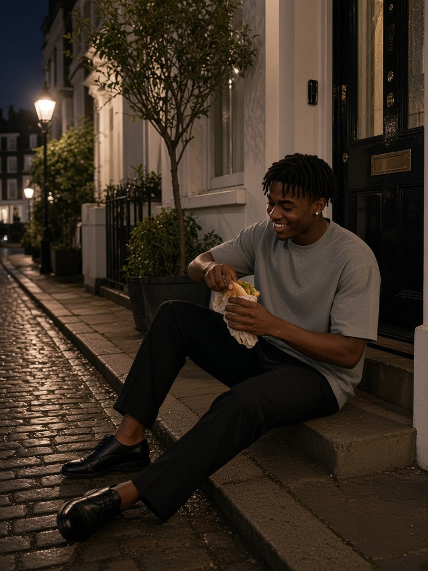 Man in the Men's Heavyweight Boxy T-Shirt in Gray with black trousers and Derby shoes, eating a sandwich on a doorstep in a Mayfair mews in London at night