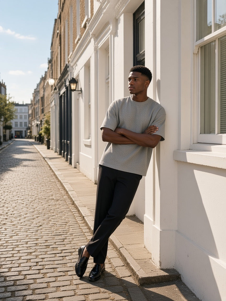 Man in the Men's Heavyweight Boxy T-Shirt in Gray walking a Mayfair mews in London in the morning