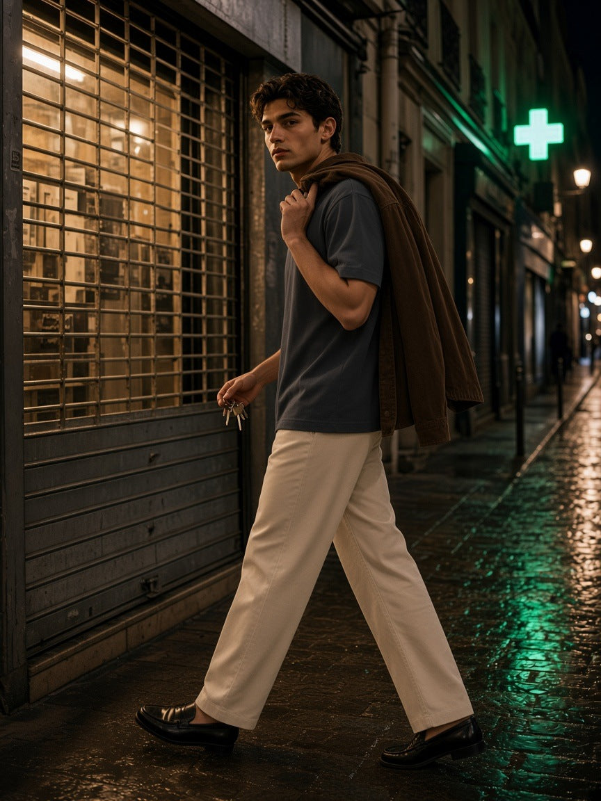 Man in the Men's Heavyweight Earth Tone T-Shirt in Carbon Gray walking out of a shuttered bar on Rue Saint-Denis in Paris at night