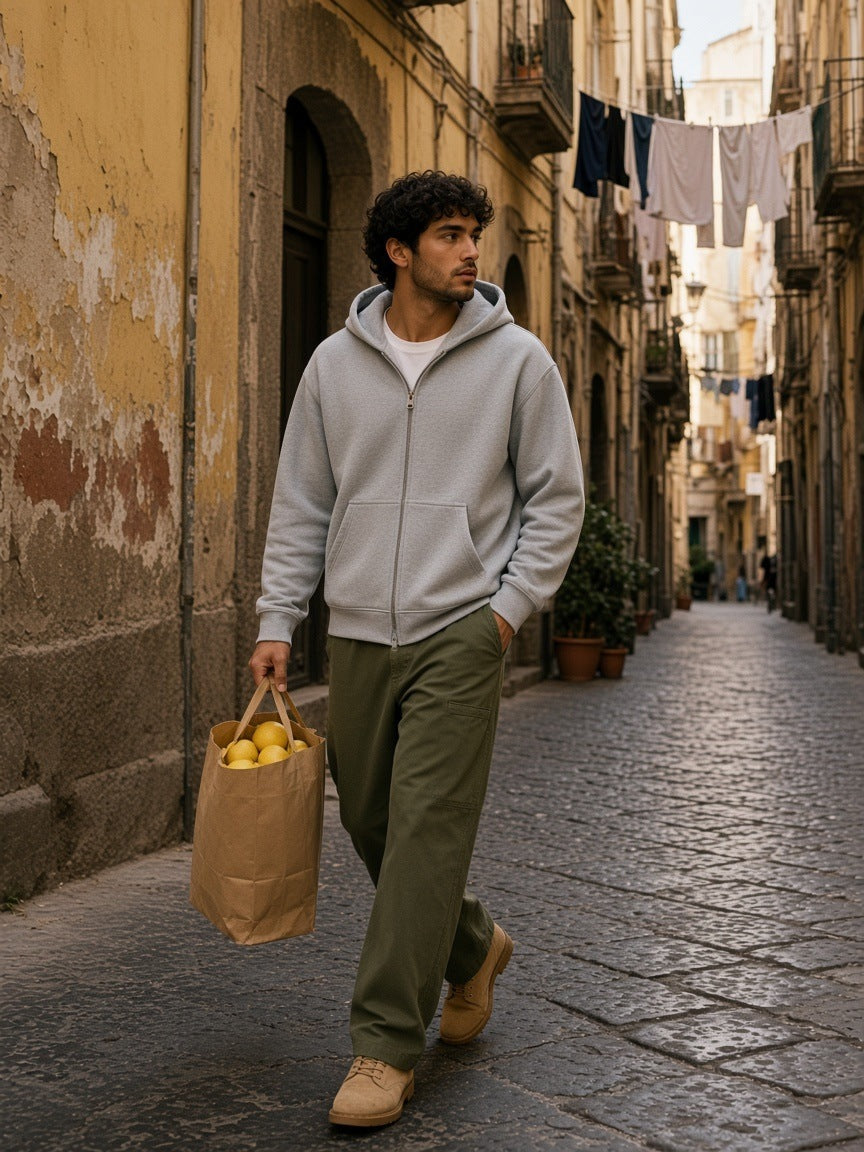 Man in the Men's Heavyweight Full Zip Boxy Hoodie in Flower Gray with olive trousers and suede desert boots, walking a Naples alley with a bag of lemons